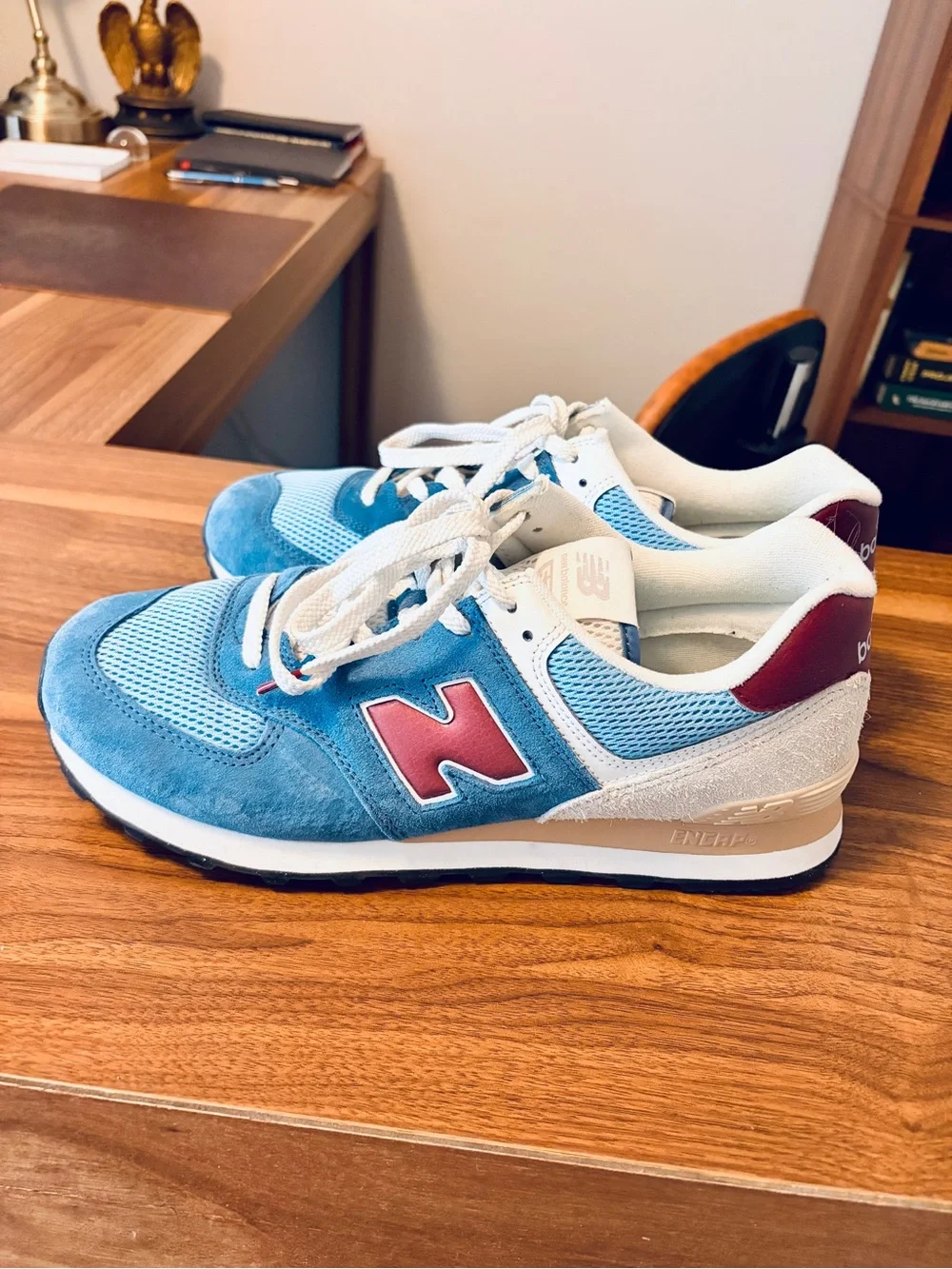 New Balance Blue Suede & Mesh Athletic Sneakers with Maroon Accents